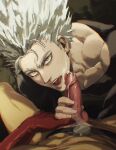  2boys absurdres after_fellatio belt collarbone cum cum_on_boy dudlesnoodles eyebrows facial garou_(one-punch_man) gloves grey_hair highres looking_at_viewer male_focus male_pubic_hair multiple_boys muscular muscular_male one-punch_man open_mouth pectorals penis_grab pointy_hair pov pubic_hair red_gloves saitama_(one-punch_man) skin_tight superhero symbol-only_commentary testicles tongue upper_body yaoi yellow_eyes 