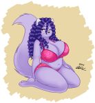 anthro bedroom_eyes big_breasts bra breasts cleavage clothed clothing felid feline female fur hair huge_breasts lingerie mammal narrowed_eyes peterandwhitney pink_clothing pinup pose purple_body purple_fur purple_hair seductive slightly_chubby solo underwear whitney_(pnc) yellow_eyes