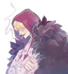  1boy bad_source black_coat blonde_hair cigarette coat crossed_arms donquixote_rocinante english_commentary fairyapple fur_coat hair_over_eyes heart hood light_smile male_focus one_eye_closed one_piece profile simple_background smoke solo upper_body white_background 