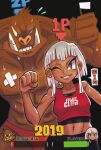  1boy 1girl 2019 black_background boar_boy broken_tooth clenched_hand collarbone crop_top earrings fight_club flag furry furry_male grin health_bar highres jewelry kyomoji2130 mole muscular muscular_female muscular_male navel nipples one_eye_closed original red_shirt shirt short_hair sidelocks smile sweat white_flag white_hair 