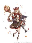  1girl :d blonde_hair bouquet braid breasts cloak flower full_body hair_ribbon hat highres holding holding_staff ji_no long_hair looking_at_viewer official_art open_mouth orange_eyes petals red_riding_hood_(sinoalice) ribbon sandals sinoalice small_breasts smile solo square_enix staff twin_braids upper_teeth white_background 