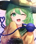  1girl ;d bangs black_headwear blouse bow collar eyebrows_visible_through_hair gradient gradient_background green_eyes green_hair hair_between_eyes hand_up hat hat_bow highres komeiji_koishi light long_sleeves looking_at_viewer mozuno_(mozya_7) multicolored multicolored_background one-hour_drawing_challenge one_eye_closed open_mouth pink_background shadow short_hair smile solo third_eye touhou yellow_background yellow_blouse yellow_bow yellow_sleeves 