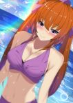  1girl bangs bikini blurry blush breasts brown_hair cleavage closed_mouth dutch_angle hat highres himekaidou_hatate horizon kitaura_kasumi long_hair looking_at_viewer medium_breasts navel ocean outdoors purple_bikini purple_eyes purple_headwear rainbow smile solo swimsuit tokin_hat touhou twintails upper_body wet 