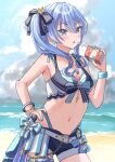 1girl :o absurdres apple_juice beach belt bikini bikini_under_shorts blue_bikini blue_nails blue_sky blush bow bracelet breasts cloud day drinking_straw earrings hair_ornament hair_ribbon hand_on_own_hip highres hololive hololive_summer_2023_swimsuit hoshimachi_suisei jewelry juice juice_box looking_at_viewer navel ocean official_alternate_costume open_fly outdoors ribbon short_shorts shorts side_ponytail sky small_breasts solo star_(symbol) star_earrings star_hair_ornament star_in_eye stomach striped_bikini striped_clothes swimsuit symbol_in_eye virtual_youtuber white_belt yashipom 