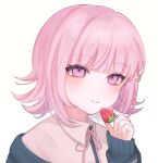  1girl blush collared_shirt danganronpa_(series) danganronpa_2:_goodbye_despair flipped_hair food fruit galaga hair_ornament hand_up highres holding holding_food hood jacket long_sleeves looking_at_viewer medium_hair nanami_chiaki neck_ribbon off_shoulder pink_eyes pink_hair ribbon shirt smile solo strawberry two-tone_shirt white_shirt 