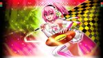  1girl bare_shoulders beatmania_iidx breasts cleavage flag goli_matsumoto headphones holding holding_flag holding_record medium_breasts navel non-web_source nyah_(beatmania_iidx) official_art open_mouth pink_hair ponytail shirt short_hair skirt smile teeth thighs upper_teeth_only white_skirt wristband 