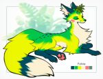  canid canine chest_tuft color_swatch dipstick_tail eyes_closed falvie feral fox fur green_body green_fur hi_res inner_ear_fluff mammal markings model_sheet pawpads pink_pawpads solo tail tail_markings tuft white_body white_fur yellow_body yellow_fur 