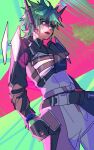  1girl alter_(apex_legends) animification apex_legends belt black_belt black_gloves black_sclera bodysuit breasts colored_sclera gloves green_eyes green_hair grey_bodysuit highres horns looking_at_viewer mechanical_horns medium_breasts parted_lips short_hair shrug_(clothing) sketch solo thundergotch 