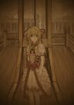  1girl blonde_hair chaos_marie_(grimms_notes) cleavage_cutout clothing_cutout depressed grimms_notes guillotine hair_ribbon jewelry long_hair maeda26mm pendant pink_eyes puffy_short_sleeves puffy_sleeves rain ribbon sepia short_sleeves solo wooden_floor 