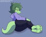  alligator alligatorid anthro barefoot cavemanon_studios clothed clothing crocodilian feet female green_body green_hair hair hi_res i_wani_hug_that_gator looking_back mrchasecomix olivia_halford reptile scalie soles solo toes yellow_sclera 