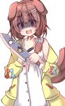 1girl absurdres animal_ears bare_shoulders blush bone_hair_ornament braid brown_eyes brown_hair cartoon_bone choker commentary_request dog_ears dog_girl dog_tail dress hair_ornament hair_over_shoulder hand_up highres holding holding_knife hololive inugami_korone jacket knife long_hair long_sleeves looking_at_viewer off_shoulder open_clothes open_jacket puffy_long_sleeves puffy_sleeves red_choker red_pupils shaded_face simple_background sleeveless sleeveless_dress solo tail twin_braids umberblack virtual_youtuber white_background white_dress yellow_jacket 
