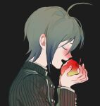  1boy absurdres ahoge apple aqua_hair black_background black_jacket black_sleeves blush buttons closed_eyes collared_jacket colored_eyelashes colored_tips danganronpa_(series) danganronpa_v3:_killing_harmony double-breasted eating fingernails food from_side fruit highres holding holding_food holding_fruit jacket layered_sleeves long_sleeves male_focus mimulishizi multicolored_hair open_mouth pinstripe_jacket pinstripe_pattern pinstripe_sleeves pointy_nose saihara_shuichi short_hair simple_background solo teeth upper_body upper_teeth_only 
