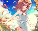  1girl absurdres alternate_costume animal_ears bikini blurry blush breasts cleavage collarbone field flower flower_field hair_ornament hat highres horse_ears horse_girl horse_tail matikane_tannhauser_(umamusume) medium_breasts medium_hair ponta_(1859ysmssstsp) sky solo straw_hat sunflower swimsuit tail umamusume 