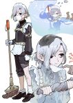  1boy androgynous bandaid bandaid_on_leg black_eyes dungeon_meshi gapamopa gloves highres holding holding_mop maid maid_headdress mask mithrun mop mouth_mask otoko_no_ko pointy_ears short_hair simple_background solo white_background white_gloves white_hair 