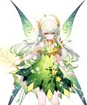  1girl armlet bare_shoulders bracelet braid commentary_request cowboy_shot dress gradient_hair green_dress green_hair highres jewelry multicolored_hair neck_ring orange_eyes original pointy_ears sheya short_dress solo standing white_hair wings 