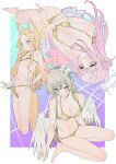  3girls absurdres angel_wings animal_ear_fluff animal_ears bare_arms bare_legs bare_shoulders barefoot bikini blonde_hair blue_archive blush breasts brown_eyes cleavage closed_mouth collarbone extra_ears feathered_wings flower fox_ears gold_bikini groin hair_bun hair_flower hair_ornament halo highres large_breasts light_brown_hair long_hair medium_breasts mika_(blue_archive) multiple_girls naga-agan nagisa_(blue_archive) navel pink_flower pink_hair pink_halo seia_(blue_archive) single_side_bun small_breasts swimsuit tea_party_(blue_archive) white_flower white_wings wings yellow_halo 