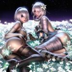  2girls ass bandaged_arm bandaged_leg bandages black_gloves boots braid breasts cleavage flower gloves glowing_flower hair_flower hair_ornament hair_over_one_eye highres kaine_(nier) liang_xing lingerie lunar_tear multiple_girls negligee nier nier_(series) nier_automata short_hair silver_hair thigh_boots thighhighs underwear yorha_no._2_type_b 