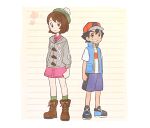  1boy 1girl arm_at_side ash_ketchum baseball_cap black_hair blue_jacket bob_cut boots brown_eyes brown_footwear brown_hair buttons cable_knit cardigan closed_mouth collared_dress commentary_request dododo_dadada dress gloria_(pokemon) green_headwear green_legwear grey_cardigan grin hat height_difference jacket knees pink_dress pokemon pokemon_(anime) pokemon_(game) pokemon_swsh pokemon_swsh_(anime) red_headwear shirt shoes short_hair short_sleeves shorts sleeveless sleeveless_jacket smile socks standing t-shirt tam_o&#039;_shanter teeth white_shirt 