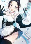  1girl absurdres alternate_costume animification apex_legends apron ass bangs black_dress black_gloves breasts cake cleavage collarbone cup detached_collar dress dropping enmaided food gloves highres honop leaning_to_the_side maid maid_apron medium_breasts open_hand parted_bangs plate skindentation solo thighhighs water wraith_(apex_legends) 