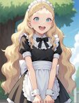  ai-generated aurore_(takatou_sora) black_dress blonde_hair blue_eyes blue_sky blurry blurry_background blush clenched_hands cloud cowboy_shot dress happy heart heart-shaped_pupils highres long_hair maid non-web_source open_mouth outdoors portrait shy sky smile standing surprised symbol-shaped_pupils tears teeth tongue tree upper_teeth_only v_arms very_long_hair wavy_hair 