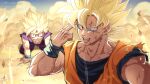  2boys aka_nobodyy all_fours blonde_hair blue_shirt dougi dragon_ball dragon_ball_z father_and_son finger_on_forehead goku_day green_eyes highres looking_at_another male_focus multiple_boys muscular muscular_male open_mouth orange_shirt purple_shirt shirt son_goku spiked_hair super_saiyan super_saiyan_1 super_saiyan_2 surprised teeth twitter_username upper_body 