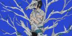  1boy animal_skull black_hair black_pants blue_background branch collared_shirt commentary cowboy_shot crossed_arms highres ikura_donburi_(mmom_x) male_focus mushroom original pants shirt short_hair short_sleeves simple_background skull_mask solo white_shirt 