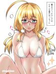  1girl :o ahoge akichin_(atelier_baguri) bikini blonde_hair blue_eyes blush breasts cleavage commentary_request glasses hair_ribbon i-8_(kancolle) implied_masturbation kantai_collection large_breasts long_hair low_twintails navel out-of-frame_censoring red-framed_eyewear ribbon semi-rimless_eyewear solo sparkle swimsuit translation_request twintails twitter_username under-rim_eyewear white_ribbon 
