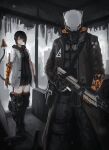  1boy 1girl absurdres black_hair cyborg gun highres hood hoodie mecha_musume mihato_senba one_eye_covered orange_eyes original short_hair sumi_elias weapon 