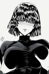  1girl absurdres artist_name blush breasts fubuki_(one-punch_man) grabbing grabbing_another&#039;s_breast grey_background greyscale groping highres large_breasts lips monochrome mostlybluewyatt one-punch_man out_of_frame parted_lips short_hair signature simple_background smile upper_body 