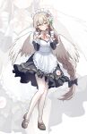  1girl absurdres alternate_costume angel_wings apron black_dress blue_archive blush breasts cleavage closed_mouth dress enmaided feathered_wings flower frilled_apron frills full_body grey_footwear hair_between_eyes hair_flower hair_ornament halo highres light_brown_hair long_hair looking_at_viewer maid maid_apron maid_headdress medium_breasts nagisa_(blue_archive) pantyhose pink_flower pink_halo shoes simple_background smile solo white_apron white_background white_flower white_pantyhose white_wings wings yellow_eyes yeogpu_(seung832222) 