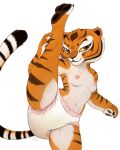  anthro areola bodily_fluids breasts clothed clothing diaper diaper_only dreamworks feces felid female fur genital_fluids hi_res kung_fu_panda looking_at_viewer mammal master_tigress messyszop nipples orange_body orange_eyes orange_fur pantherine pawpads raised_leg soiling solo tiger topless urine wetting yellow_sclera yoga 