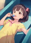  1girl armpits black_hair bow brown_eyes candy collarbone couch eating flat_chest food hair_bobbles hair_ornament hands_up highres holding holding_candy holding_food holding_lollipop idolmaster idolmaster_million_live! idolmaster_million_live!_theater_days lollipop looking_at_viewer lying nakatani_iku on_back on_couch one_side_up open_mouth pink_bow plaid plaid_bow shirt short_hair short_sleeves solo tongue tongue_out yellow_shirt yoshika_(music480069) 