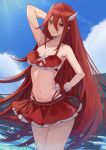  1girl bikini bikini_skirt blue_sky breasts closed_mouth cloud collarbone commentary_request cordelia_(fire_emblem) cordelia_(summer)_(fire_emblem) fire_emblem fire_emblem_awakening fire_emblem_heroes gloves hair_between_eyes hair_ornament highres labebebe_lee long_hair looking_at_viewer navel ocean official_alternate_costume outdoors red_bikini red_eyes red_gloves red_hair red_skirt skirt sky small_breasts smile solo stomach sunlight swimsuit very_long_hair water wet wing_hair_ornament 