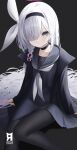  1girl artist_logo black_choker black_coat black_hairband black_pantyhose black_sailor_collar black_serafuku black_skirt blue_archive braid choker closed_mouth coat collarbone cryne feet_out_of_frame grey_eyes grey_hair hair_over_one_eye hairband halo highres long_hair long_sleeves looking_at_viewer neckerchief open_clothes open_coat pantyhose plana_(blue_archive) pleated_skirt red_halo sailor_collar school_uniform serafuku single_braid skirt solo white_neckerchief 