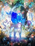  all_fours blue_fur blue_hair ekm forehead_jewel full_body long_hair nature outdoors pokemon pokemon_(creature) red_eyes ribbon suicune tree twitter_username very_long_hair water water_drop white_fur 
