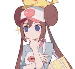  1girl 343rone bag baseball_cap blue_eyes brown_hair closed_mouth commentary_request double_bun doughnut_hair_bun hair_bun hand_on_own_chin hat holding holding_bag long_hair on_head pikachu poke_ball_print pokemon pokemon_(creature) pokemon_bw2 pokemon_on_head print_headwear rosa_(pokemon) simple_background smile sparkle thinking upper_body white_background 