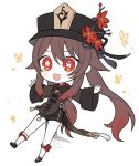 1girl :3 :d absurdly_long_hair bangs black_shorts brown_hair chibi chinese_clothes commentary_request eyebrows_visible_through_hair flower full_body genshin_impact hair_between_eyes hara_(xper8243) hat hat_flower hat_ornament highres hu_tao_(genshin_impact) long_hair long_sleeves looking_at_viewer open_mouth outstretched_arms red_eyes shorts sidelocks simple_background smile solo spread_arms symbol-shaped_pupils twintails very_long_hair white_background 