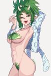  1girl abs absurdres arm_behind_back armpit_crease armpits artist_name ass breasts cavewoman coubalty covering_crotch covering_nipples covering_privates fangs green_eyes green_hair highres indie_virtual_youtuber leaf leaf_bra looking_at_viewer meat_(vtuber) nail navel nude pointy_ears scar scar_on_face scar_on_nose sharp_teeth short_hair sideboob simple_background smile solo sweater teeth toned toned_female twitter_username upper_teeth_only 