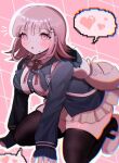  1girl :o animal_bag blush breasts brown_hair cat_bag collared_shirt danganronpa_(series) danganronpa_2:_goodbye_despair flipped_hair galaga hair_ornament heart hood ikemen&#039;na_ore-shi jacket long_sleeves looking_at_viewer medium_hair nanami_chiaki neck_ribbon open_clothes open_jacket pink_eyes pink_footwear pink_ribbon ribbon shirt skirt solo speech_bubble spoken_heart thighhighs white_shirt 