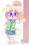2017 3_toes 4_fingers absurd_res animal_crossing anthro barefoot bell black_eyes black_nose blonde_hair blue_bottomwear blue_clothing blue_eyewear blue_glasses blue_skirt bottomwear bow_(feature) canid canine canis clothed clothing colored dipstick_tail domestic_cat domestic_dog eyebrows eyelashes eyewear feet felid feline felis female fingers floppy_ears fur glasses graskip grass green_clothing green_topwear green_vest hair hair_bun hand_on_hip hand_on_own_hip hi_res isabelle_(animal_crossing) jingle_bell leaning leaning_on_tree looking_at_viewer mammal markings nintendo open_mouth pink_cheeks plant red_bow red_clothing shaded shadow shih_tzu shirt simple_background skirt smile smiling_at_viewer solo sunglasses tail tail_markings tied_hair toes topwear toy_dog tree vest white_background white_clothing white_shirt white_tail_tip white_topwear yellow_body yellow_fur