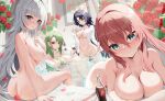  4girls absurdres ahoge alcohol ass azur_lane black_hair blue_eyes blunt_bangs blush bottle breasts brown_hair closed_mouth cola collarbone commentary_request commission completely_nude covering_privates crossed_bangs cup drinking_glass flower green_hair grey_eyes grey_hair groin hair_between_eyes hair_intakes heterochromia highres holding holding_towel humo impero_(azur_lane) indoors large_breasts light_rays littorio_(azur_lane) long_hair looking_at_viewer multicolored_hair multiple_girls naked_shirt nude nude_cover parted_bangs parted_lips partially_submerged petal_censor petals pixiv_commission red_eyes red_flower red_hair red_rose roma_(azur_lane) rose rose_petals shirt sidelocks sitting smile standing streaked_hair towel very_long_hair vittorio_veneto_(azur_lane) water wet wine wine_glass yellow_eyes 
