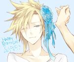  1boy alternate_costume bad_source bisuko blonde_hair blue_background blue_eyes blue_flower character_name cloud_strife dated english_text final_fantasy final_fantasy_vii flower hair_flower hair_ornament happy happy_birthday light_smile male_focus one_eye_closed pov pov_hands shirt short_hair simple_background solo spiked_hair third-party_source upper_body v-neck white_shirt 