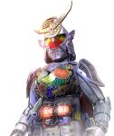  1boy armor banana_print belt cape food food_print fruit full_armor grape_print helmet kamen_rider kamen_rider_gaim kamen_rider_gaim_(kiwami_arms) kamen_rider_gaim_(series) lock_seed male_focus masukudo_(hamamoto_hikaru) orange_print pauldrons red_cape sengoku_driver shogun shoulder_armor solo strawberry_print tokusatsu upper_body watermelon_print white_armor 