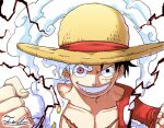  1boy black_hair clenched_hand close-up commentary_request electricity gear_fifth hagoromo hat highres looking_at_viewer male_focus monkey_d._luffy one_piece open_clothes open_shirt pink_eyes red_shirt scar scar_on_chest scar_on_face shawl shirt signature simple_background smile solo straw_hat tacchan56110 thick_eyebrows upper_body white_background white_hair 