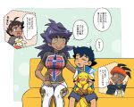  1girl 3boys :d antenna_hair ash_ketchum bangs black_hair black_hoodie blue_eyes blush breasts bright_pupils bubble champion_uniform closed_eyes commentary_request couch dark-skinned_female dark-skinned_male dark_skin dododo_dadada gen_1_pokemon gen_8_pokemon genderswap genderswap_(mtf) goh_(pokemon) grey_shirt gym_leader hood hoodie leggings leon_(pokemon) long_hair looking_to_the_side motion_lines multiple_boys open_mouth orange_headwear pikachu pokemon pokemon_(anime) pokemon_(creature) pokemon_swsh_(anime) raboot raihan_(pokemon) shield_print shirt short_hair short_shorts short_sleeves shorts sitting sleeping smile speech_bubble sweat sweatdrop sword_print tearing_up tongue translation_request undercut upper_teeth white_legwear white_pupils white_shorts yellow_eyes zzz 