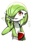  1girl :3 ? bangs blush blush_stickers bob_cut colored_skin commentary eyebrows_visible_through_hair flat_chest gardevoir gen_3_pokemon green_hair green_skin hair_over_one_eye hand_up happy lotosu multicolored multicolored_skin open_mouth pokemon pokemon_(creature) red_eyes shiny shiny_hair short_hair simple_background sketch smile solo translated two-tone_skin upper_body white_background white_skin 