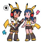  1boy 1girl alternate_costume ash_ketchum bangs black_hair blue_eyes blue_hair blush_stickers brown_legwear brown_shorts closed_mouth commentary_request dawn_(pokemon) dododo_dadada eyelashes fingerless_gloves gloves hairband headphones heart holding holding_instrument holding_microphone instrument kagamine_len kagamine_rin keyboard_(instrument) leg_warmers long_hair microphone navel pokemon pokemon_(anime) pokemon_dppt_(anime) pokemon_ears pokemon_tail shirt shoes short_hair short_sleeves shorts spoken_squiggle squiggle standing tail white_shirt yellow_hairband 