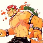  anger_vein angry armlet bara black_pants bowser bracelet breath_weapon breathing_fire claws clenched_teeth collar collarbone cowboy_shot demon_horns fire from_side green_hair highres horns humanization jewelry large_hands mario_(series) monster_boy multicolored_hair muscular muscular_male navel pants pectorals pointy_ears red_hair scales sharp_teeth short_hair simple_background spiked_armlet spiked_bracelet spiked_collar spiked_shell spikes sweatdrop tail teeth thick_eyebrows topless_male two-tone_hair undercut white_background yowasabimechaoc 