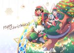  1boy 1girl :d ash_ketchum bangs black_gloves black_hair black_legwear blue_eyes blue_hair blush boots capelet christmas claws dawn_(pokemon) dododo_dadada fingerless_gloves gen_1_pokemon gen_4_pokemon gloves hair_ornament hairclip hat holding holding_pokemon jacket long_hair merry_christmas open_mouth pikachu piplup pokemon pokemon_(anime) pokemon_(creature) pokemon_dppt_(anime) red_capelet red_footwear red_headwear riding riding_pokemon shirt short_hair sitting skirt smile socks sparkle star_(symbol) symbol-only_commentary tongue torterra tree white_shirt 