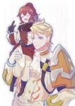  1boy 1girl anna_(fire_emblem) armor ascot blonde_hair blue_eyes bunet_(fire_emblem) carrying_over_shoulder fire_emblem fire_emblem_engage gn0080_666 high_ponytail highres open_mouth shoulder_armor sitting_on_shoulder swept_bangs white_ascot 